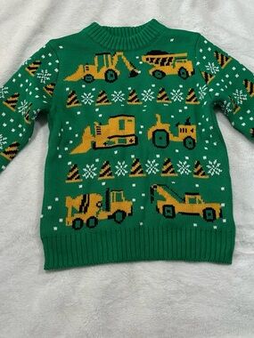 Rocks Green Sweater with Yellow Construction Trucks